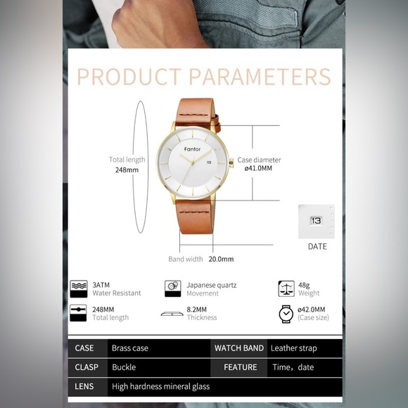 Designer - Fantor Men's Leather Casual Thin Minimalist Chronograph Quartz Watch - Picture 5 of 16